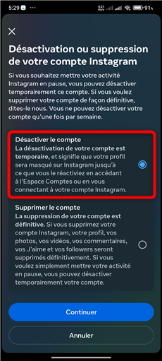 Désactiver compte Instagram