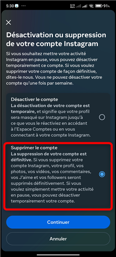 Supprimer compte Instagram
